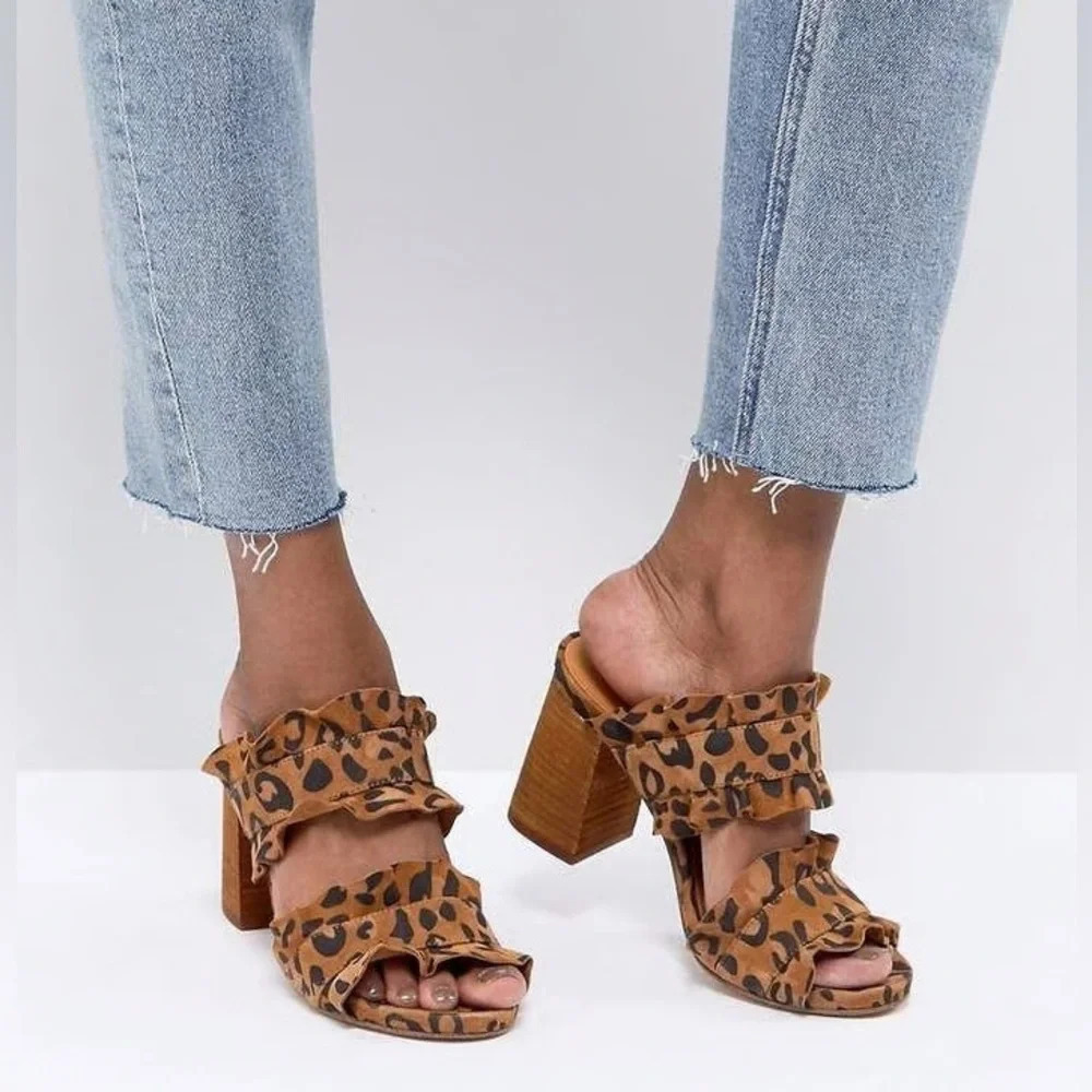 Leopard Print Ruffle Strap Block Heel Mules - Brown - Picture 4 of 13